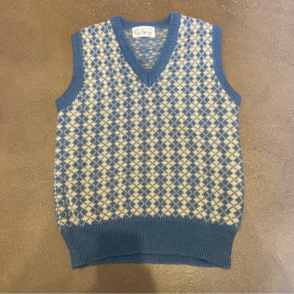 Vintage wool sweater vest blue and cream size small - Picture 4 of 5